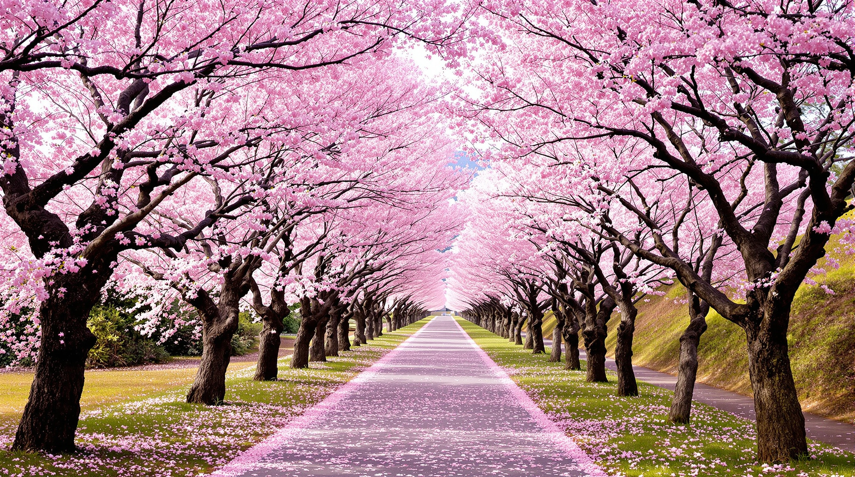 An avenue of early-blooming pink cherry blossom trees in full bloom in the Izu highlands in spring