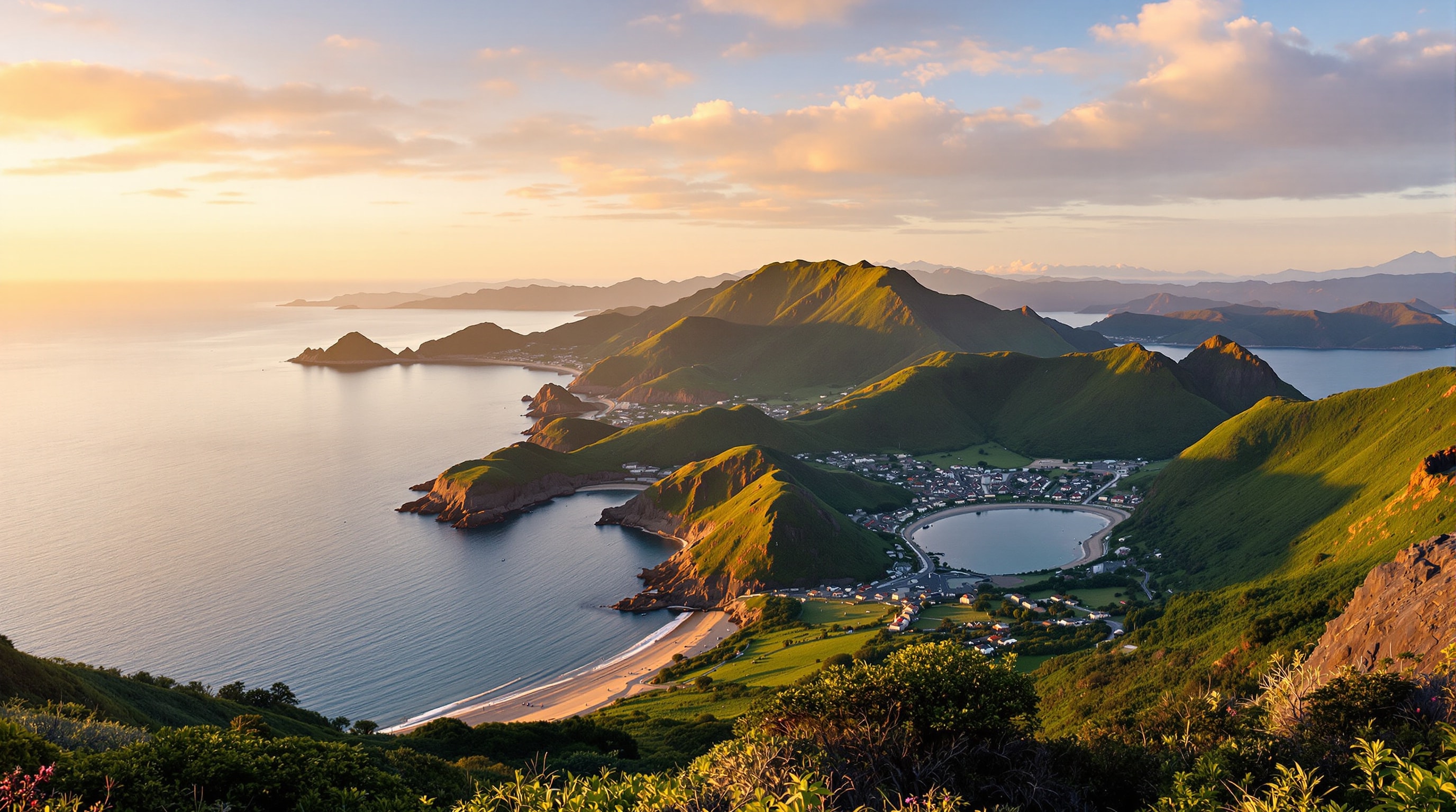The eastern Izu Peninsula coastline of Japan at golden hour, green headlands meeting a calm blue bay