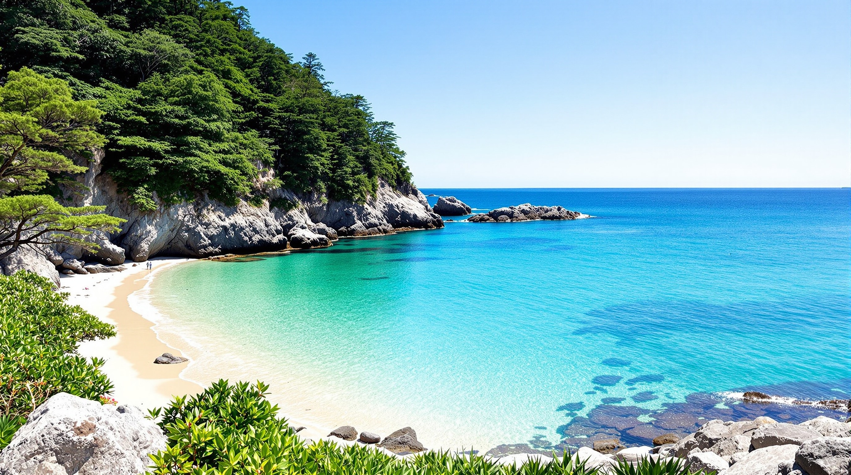 A secluded clear-water cove beach on the Izu Peninsula with turquoise shallows and green forested cliffs
