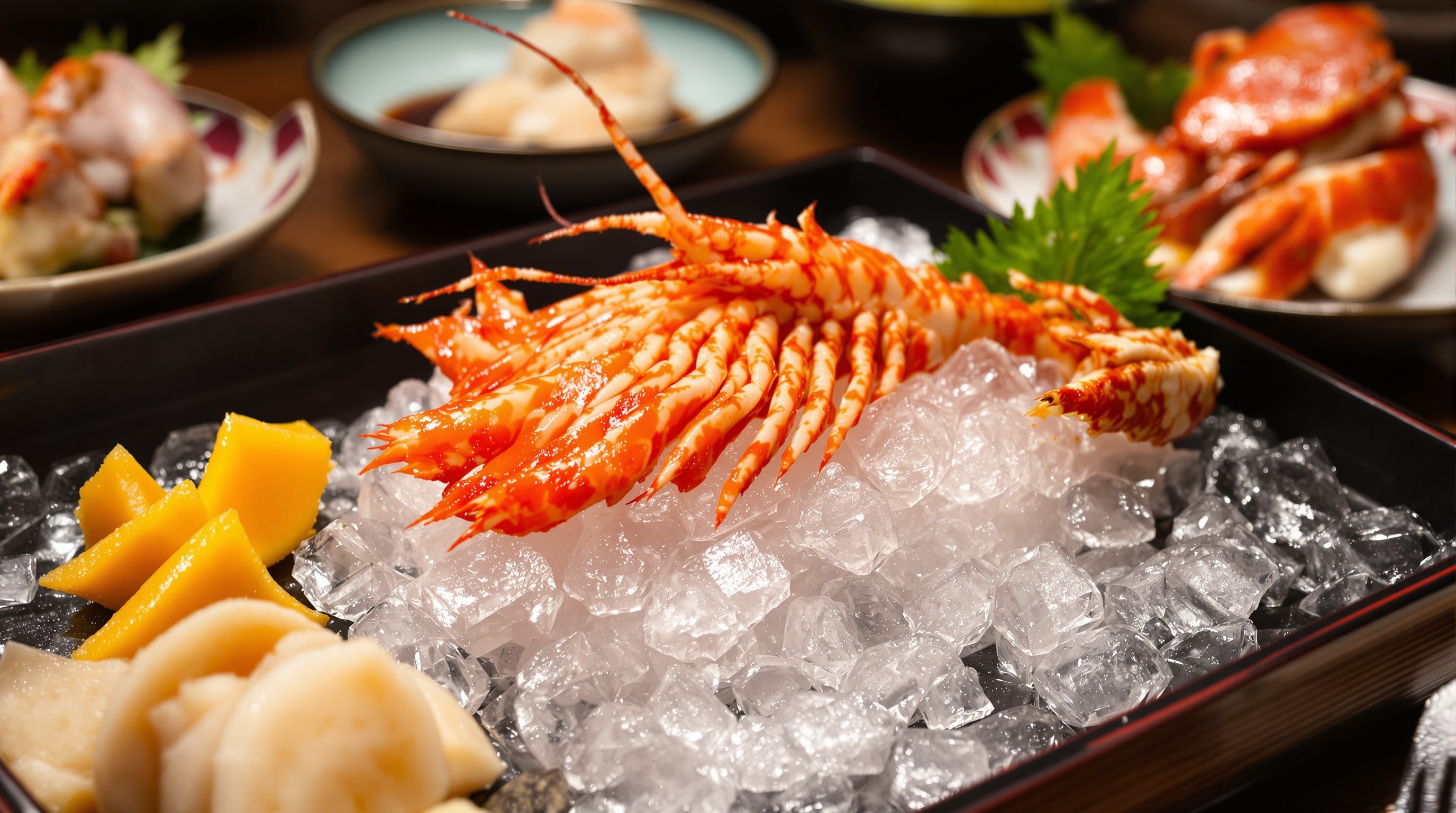An elegant Japanese kappo seafood course with spiny lobster sashimi, crab and seasonal sashimi on fine ceramic dishes
