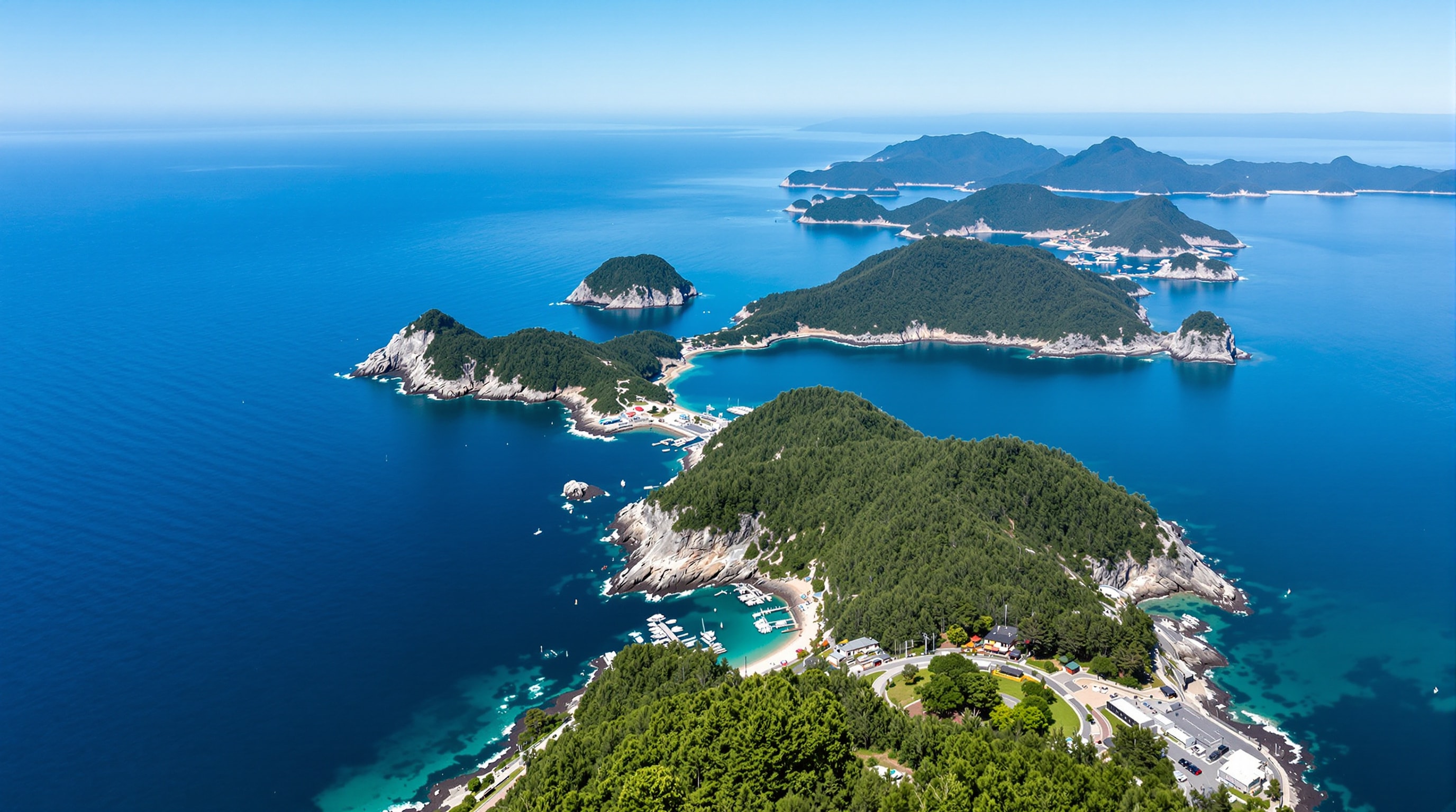 Aerial view of the Kawana and Ito coast of eastern Izu, deep blue coves and rocky green headlands with a small marina