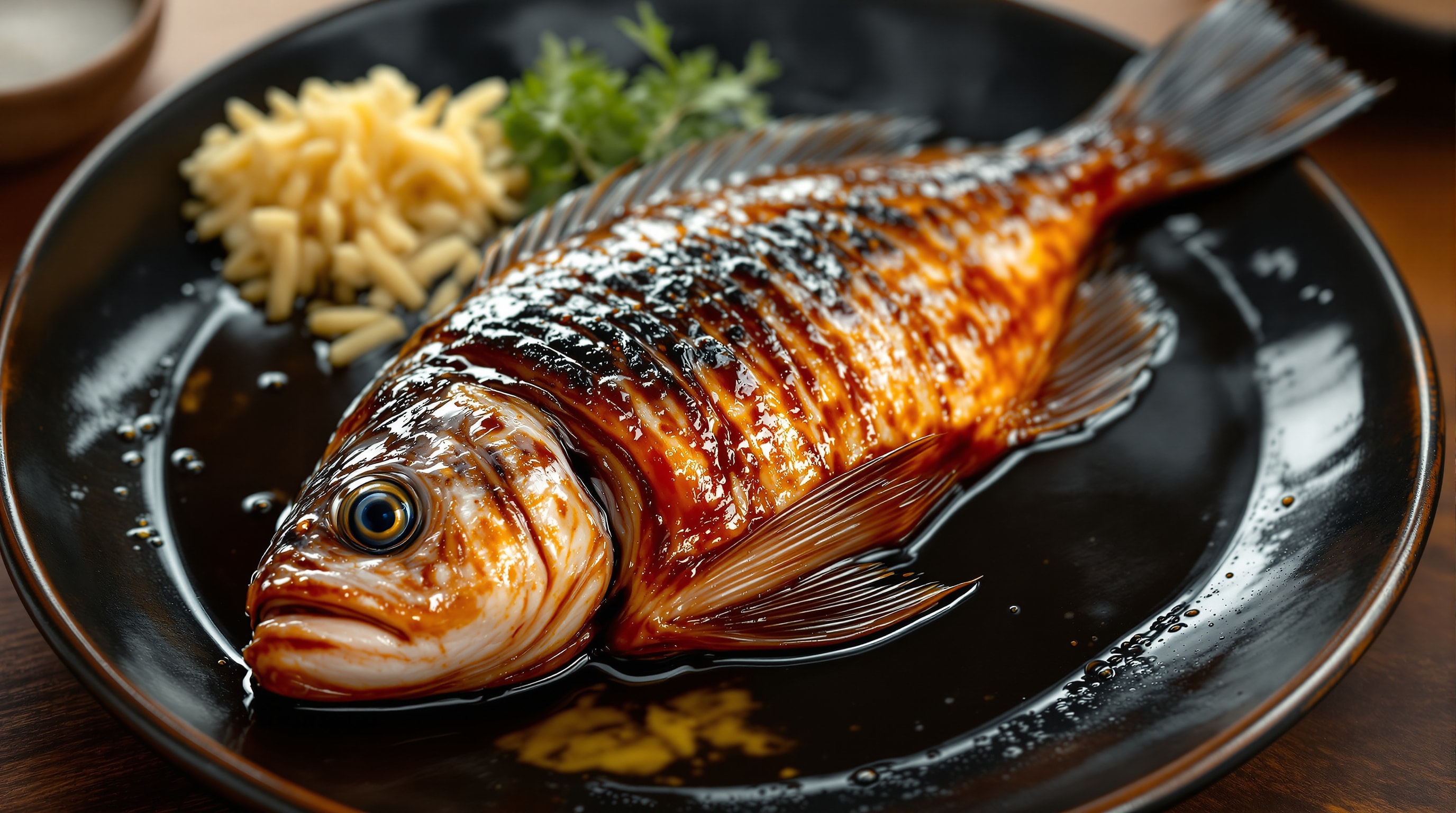 A whole golden-eye snapper (kinmedai) braised and glazed in glossy sweet soy sauce on a dark ceramic plate