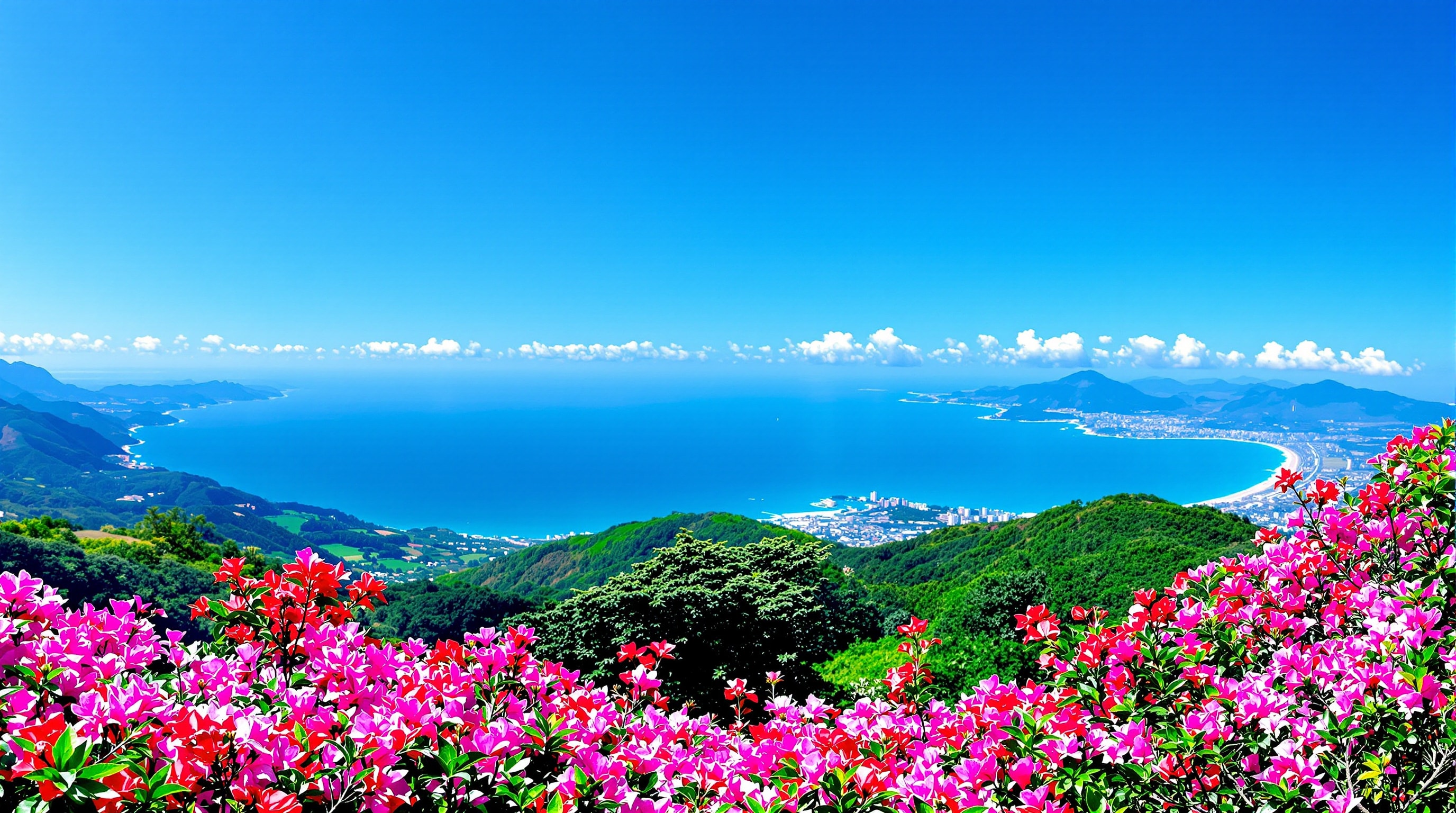 Panoramic view from a coastal hill park in Izu with blooming azaleas in the foreground and a sweeping vista over the blue sea