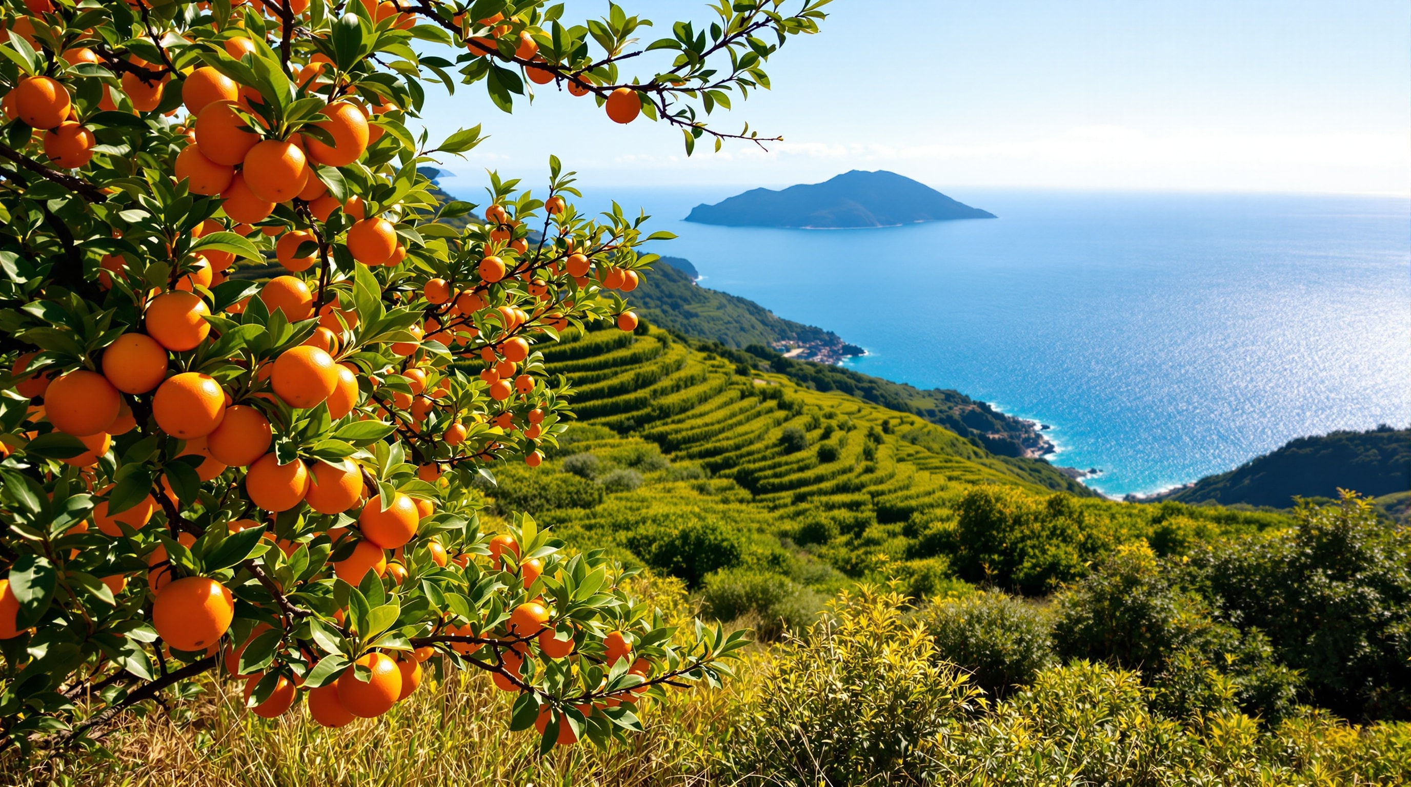 A terraced hillside mandarin orange (mikan) orchard on the Izu coast, branches heavy with ripe orange fruit overlooking a blue sea