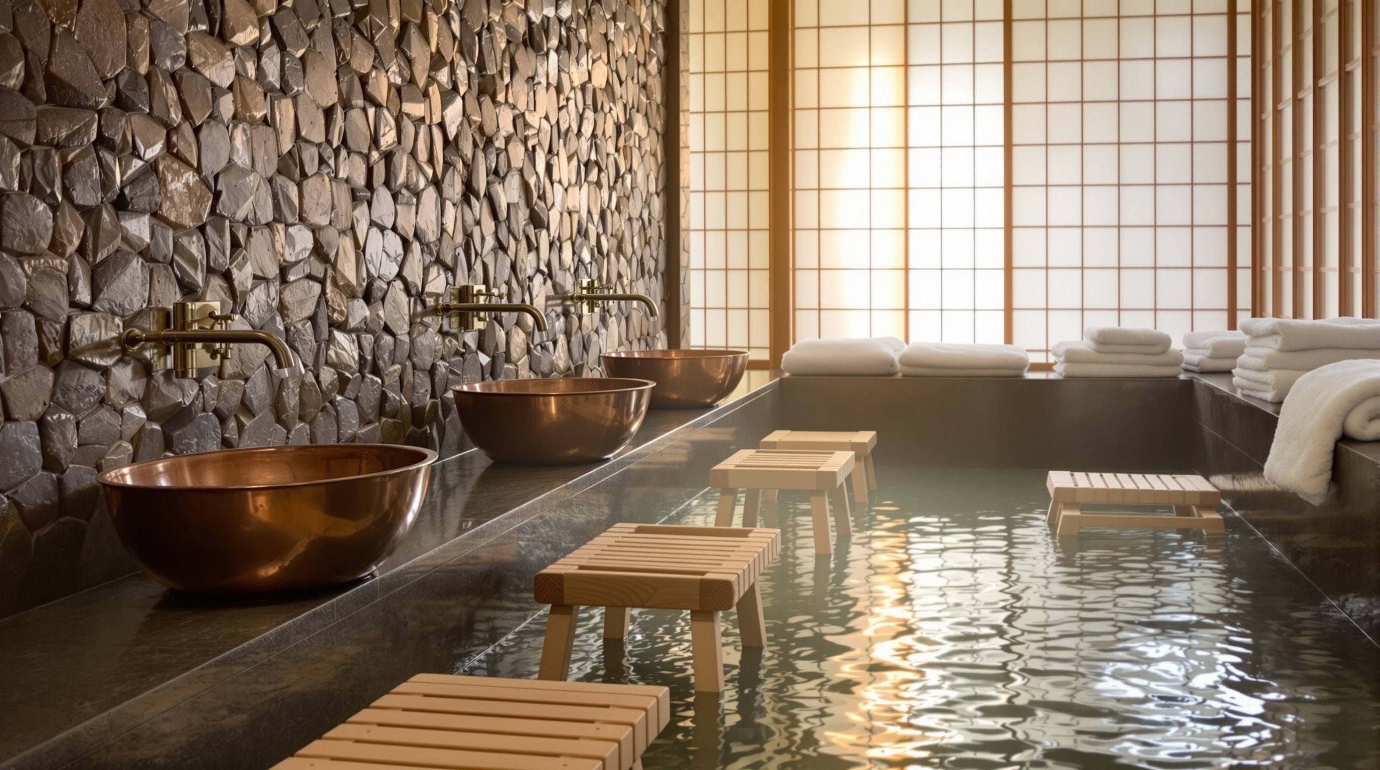A serene Japanese ryokan bathhouse washing area with low wooden stools, copper basins and folded white towels