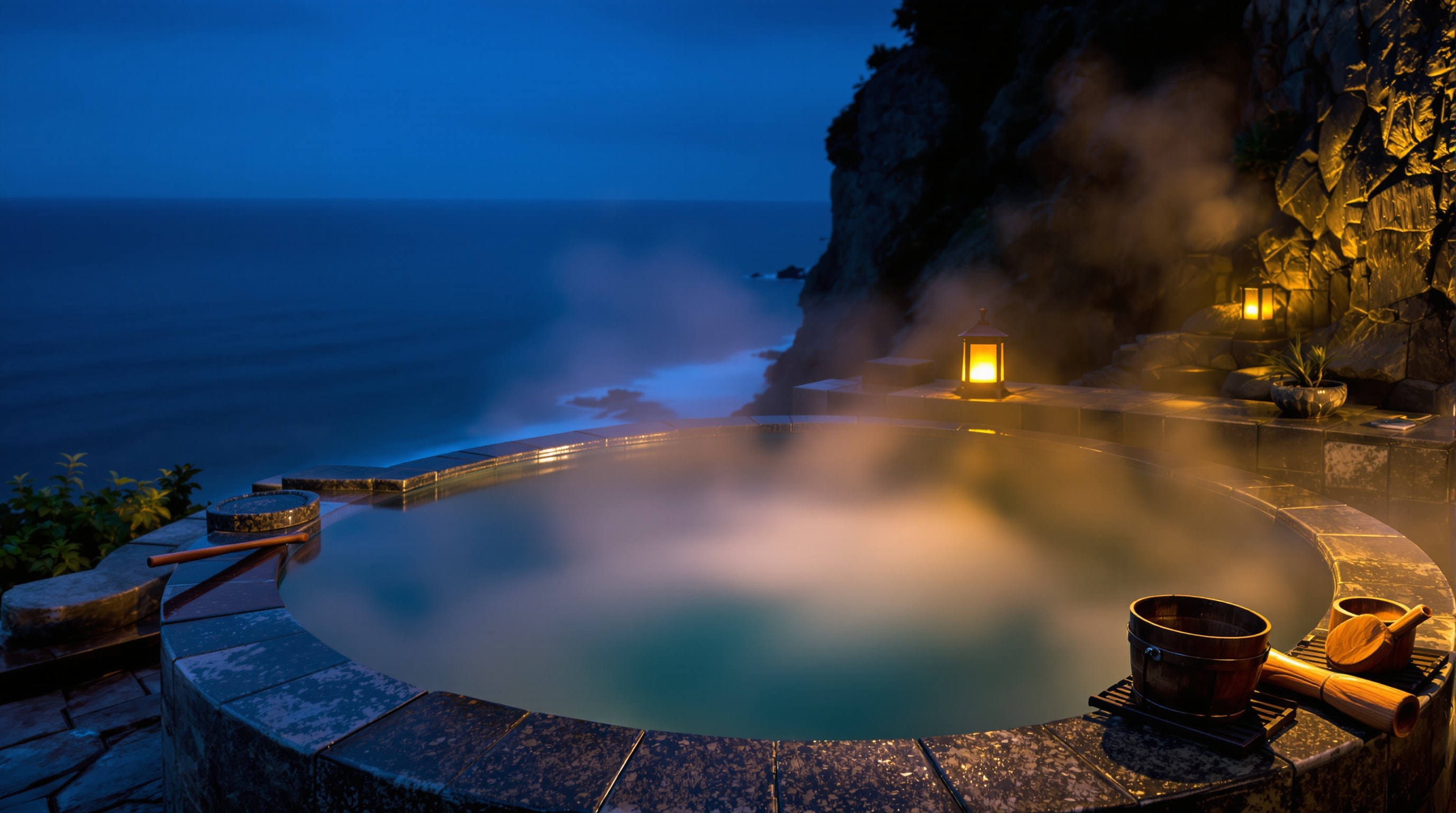 A traditional Japanese open-air stone hot-spring bath (rotenburo) at dusk with steam rising over a calm dark sea