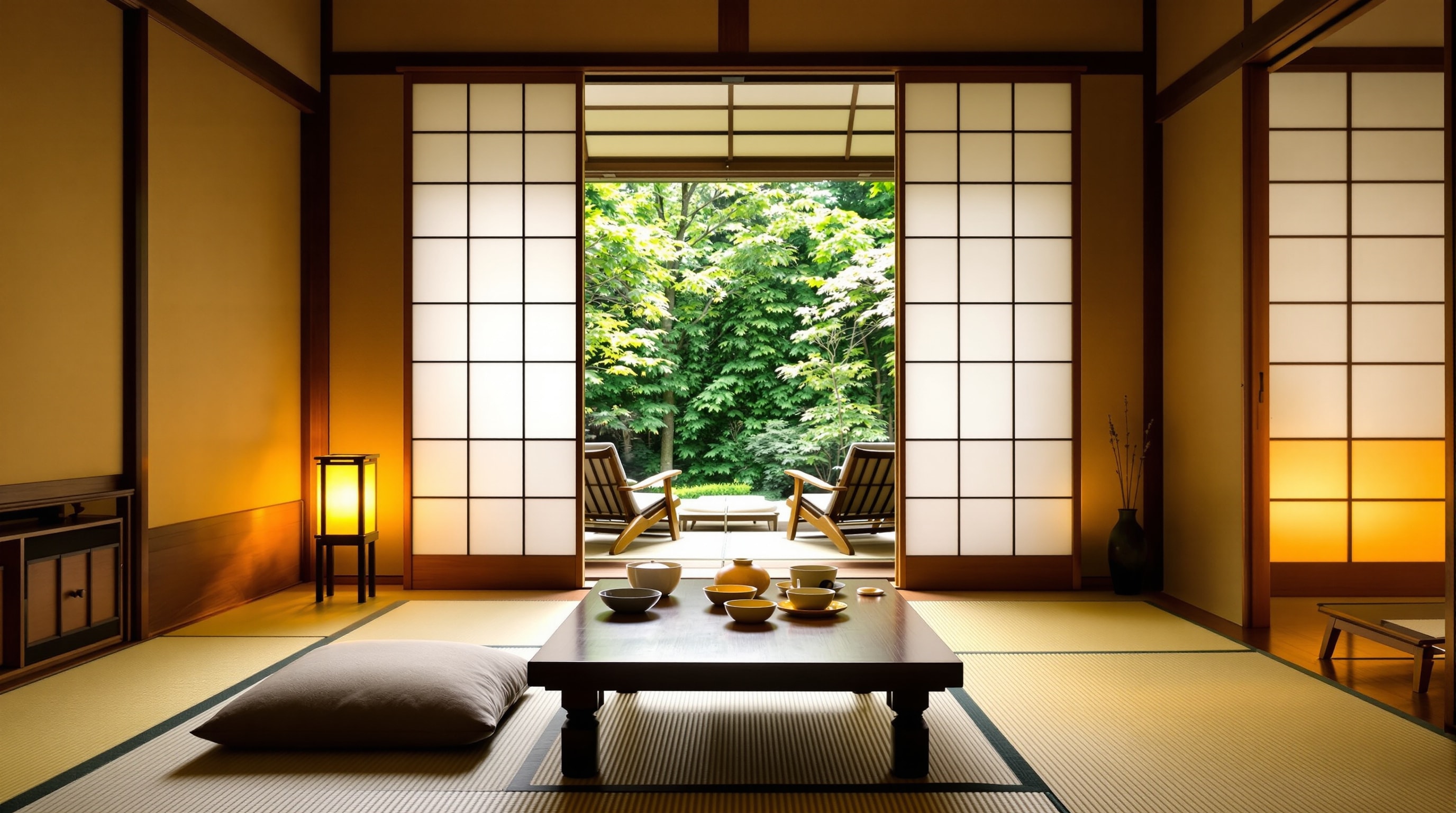 Interior of a traditional Japanese ryokan guest room with tatami floor, a low table set for tea, and shoji screens open to a garden